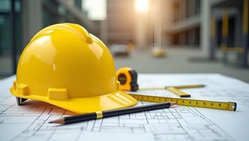 Vibrant Yellow Hard Safety Helmet with Architectural Blueprints Pencils Ruler Protractor and Tape Measure on Construction Site Table Planning and Building Process Concept Realistic Set photo