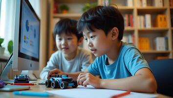 Asian Teenagers Engaged in Robotics Projects Building Robot Arms and Cars at Home with Coding and Technology for STEM Education Stock Photo Concept with Empty Space Realistic Set