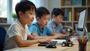 Asian teenager students doing robot arm robotic cars homework project house using computers coding technology robotics programing STEM education concept concept as Asian teenagers Realistic Set 3 photo