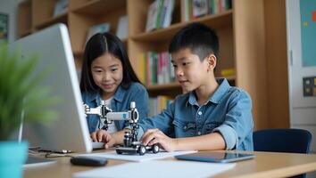 Asian teenager students doing robot arm robotic cars homework project house using computers coding technology robotics programing STEM education concept concept as Asian teenagers Realistic Set photo