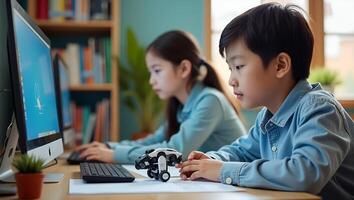 Asian Teenagers Engaged in Robotics Projects Building Robot Arms and Cars at Home with Computers and Coding for STEM Education Stock Photo Concept with Empty Space on the Left Realistic Set