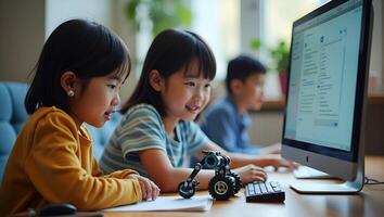Asian Teenagers Engaged in Robotics Projects Building Robot Arms and Cars at Home with Coding and Technology for STEM Education Stock Photo Concept with Empty Space Realistic Set 2