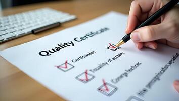 Quality Certificate and Checklist document inspecting target marketing planning assignment with quality management Standardization certification Compliance to regulations service Realistic Set 5 photo