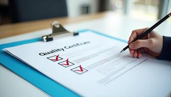 Quality Certificate and Checklist document inspecting target marketing planning assignment with quality management Standardization certification Compliance to regulations service Realistic Set 2 photo
