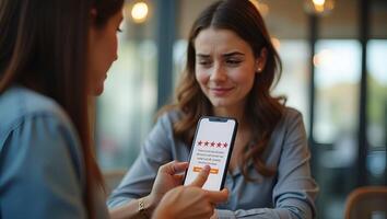 Unhappy Customer Expresses Sadness in 1 Star Survey Review Bad User Experience on Smartphone Illustrates Negative Feedback and Business Dissatisfaction Photo Stock Concept with Realistic Set