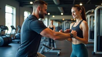 Empowering Women Personal Trainer Guiding Fitness Routines in a Sports Gym Highlighting Effective Gym Workouts and Training Activities with Space for Your Creative Touch Realistic Set photo