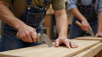 Flat Wooden carpenter craftman team with work tools for wood workshop business carpentry craftsman concept as Wooden carpenter craftsman team with work tools in wood workshop busi Realistic Set 2 photo