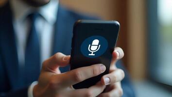 Flat Voice recording man hits microphone icon on smartphone captures audio merges AI for faster search fosters brand engagement synergy lens approach user convenience concept as Us Realistic Set photo