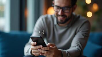 Flat Voice recording man hits microphone icon on smartphone captures audio merges AI for faster search fosters brand engagement synergy lens approach user convenience concept as Us Realistic Set 3 photo