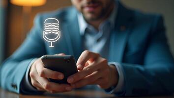 Flat Voice recording man hits microphone icon on smartphone captures audio merges AI for faster search fosters brand engagement synergy lens approach user convenience concept as Us Realistic Set 4 photo
