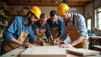 Flat Wooden carpenter craftman team with work tools for wood workshop business carpentry craftsman concept as Wooden carpenter craftsman team with work tools in wood workshop busi Realistic Set 5 photo