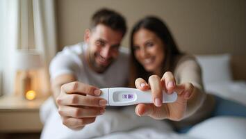 Joyful Beginnings A Happy Couple Celebrates New Life After Discovering Positive Pregnancy Test in Their Bedroom Stock Photo Concept with Space for Text Realistic Set