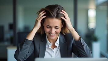 Businesswoman Stressed at Work Capturing Workplace Pressure and Professional Challenges in Stock Photo with Empty Space for Text Realistic Set
