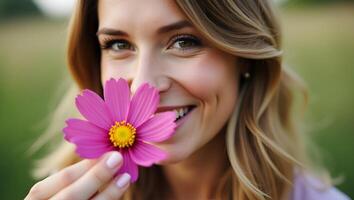 Close Up Portrait of a Cheerful Woman Smelling Cosmos Flowers in a Garden Capturing Joy and Connection with Nature in Stock Photography with Space for Text Realistic Set photo