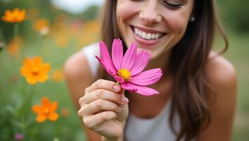 Close up of cheerful woman smelling cosmos flower in garden illustrating joy and connection with nature in portrait photography concept as Close up of cheerful woman smelling cosm Realistic Set 3 photo