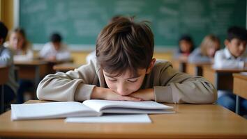 Boy Sleeping on Books in Classroom A Visual Representation of Student Fatigue and Study Environment in Education Stock Photo Concept with Empty Space for Text Realistic Set 2