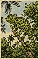 Chameleon Climbing Branch in Tropical Forest Illustration with Detailed Texture vector