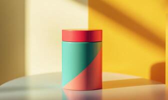 A green and red container with a white stripe sits on a table photo