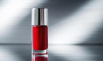 A bottle of red nail polish is sitting on a table. photo