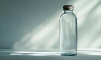 a clear plastic bottle sitting on a table. photo