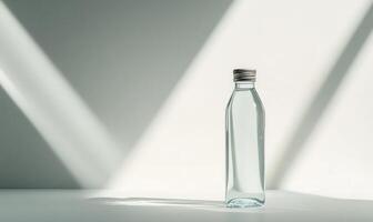 A clear bottle of water sits on a table. photo