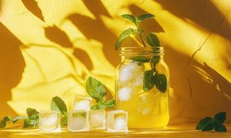 a jar of lemonade with ice cubes and mint leaves photo