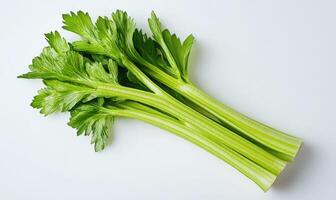 A bunch of celery stalks are on a white table. photo