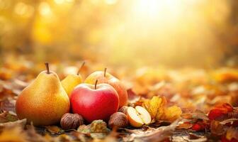 Three apples and three pears on a table photo