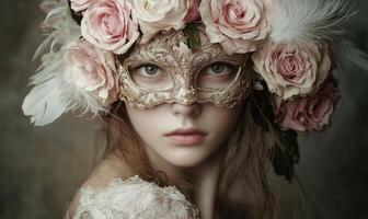 a woman with a mask and roses on her head photo