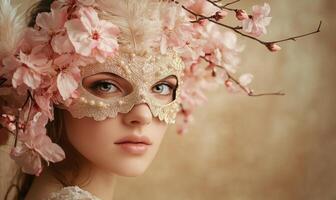 A woman wearing a mask with pink flowers on it photo