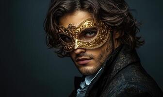 a man in a gold mask with long hair photo