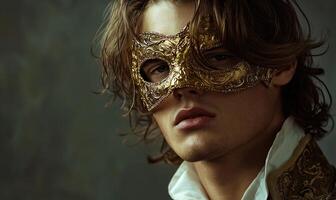 closeup portrait of a man with a gold mask on his face photo