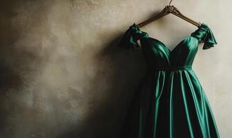 a green dress hangs on a hanger photo