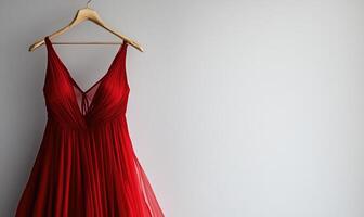 A red dress is hanging on a hanger photo