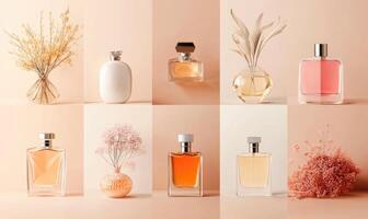 A row of perfume bottles are shown in a collage photo