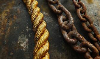 A gold rope is next to a rusty chain photo