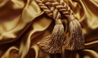 Two golden tassels are on a gold fabric photo