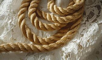 A rope is laying on a white lace photo