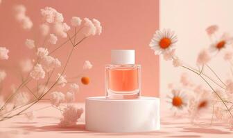 a perfume bottle on a pedestal surrounded by daisies photo