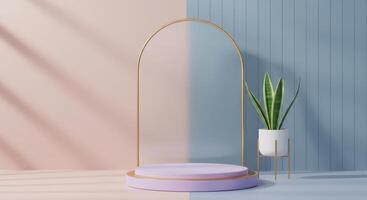A mirror and a plant in front of a wall photo