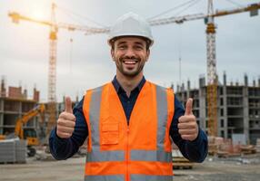 A man in an orange vest and hard hat giving the thumbs up photo