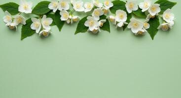 Jasmine flowers and leaves arranged on a green background, top border photo