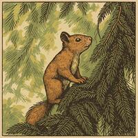 Squirrel Sitting on Branch Among Pine Trees in Nature Illustration vector
