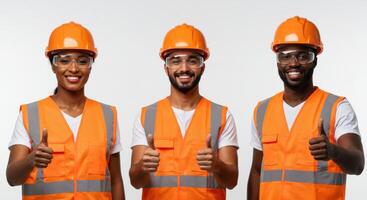 Three construction workers in orange vests and safety glasses photo
