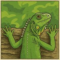 Green Iguana Reptile Illustration Showing Hands on Wood in Nature vector
