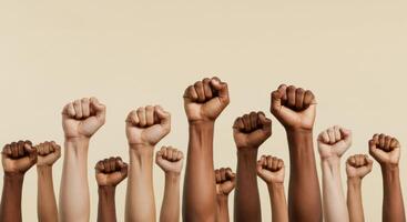 Group of arms raised with clenched fists, symbolizing unity and power photo