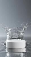 White cylinder podium with a dynamic water splash against a neutral background photo