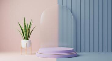 A potted plant and a glass dome in front of a wall photo