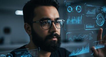 Man interacting with futuristic digital interface, data visualization photo