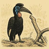 Illustration of a Hornbill Bird Standing Near a Branch in Nature vector
